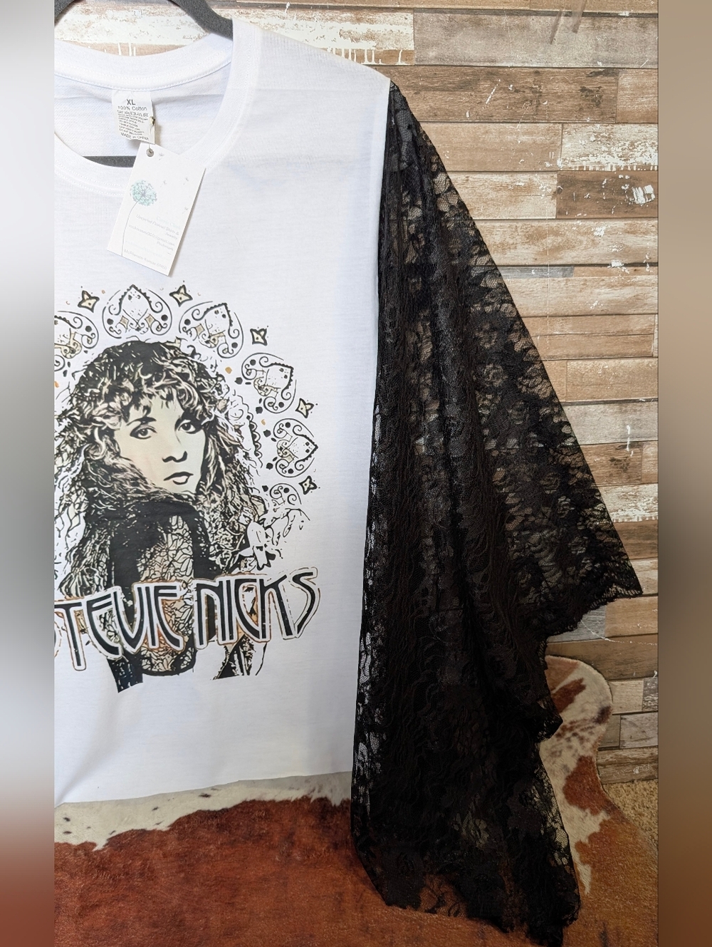 New Handcrafted Stevie Nicks Graphic W Black Lace Boho Bat Winged Sleeves - Picture 3 of 9